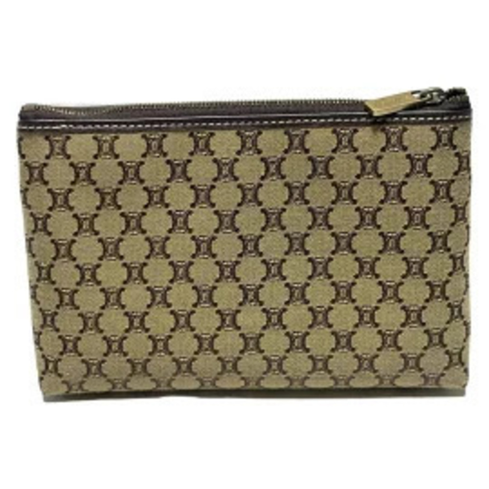 Celine Macadam Pouch Clutch Beige Dark Brown Leather